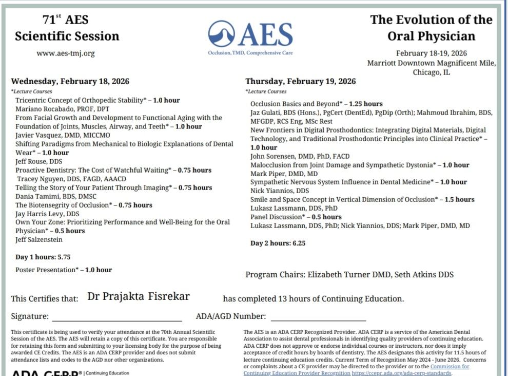 Continuing education certificate from the 71st AES Scientific Session for Dr. Prajakta Fisrekar